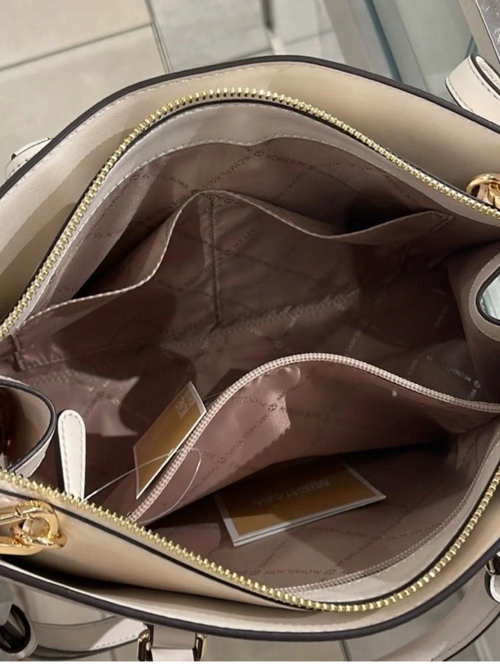 Michael Kors Pale Cream Saffiano Satchel with Gold Hardware